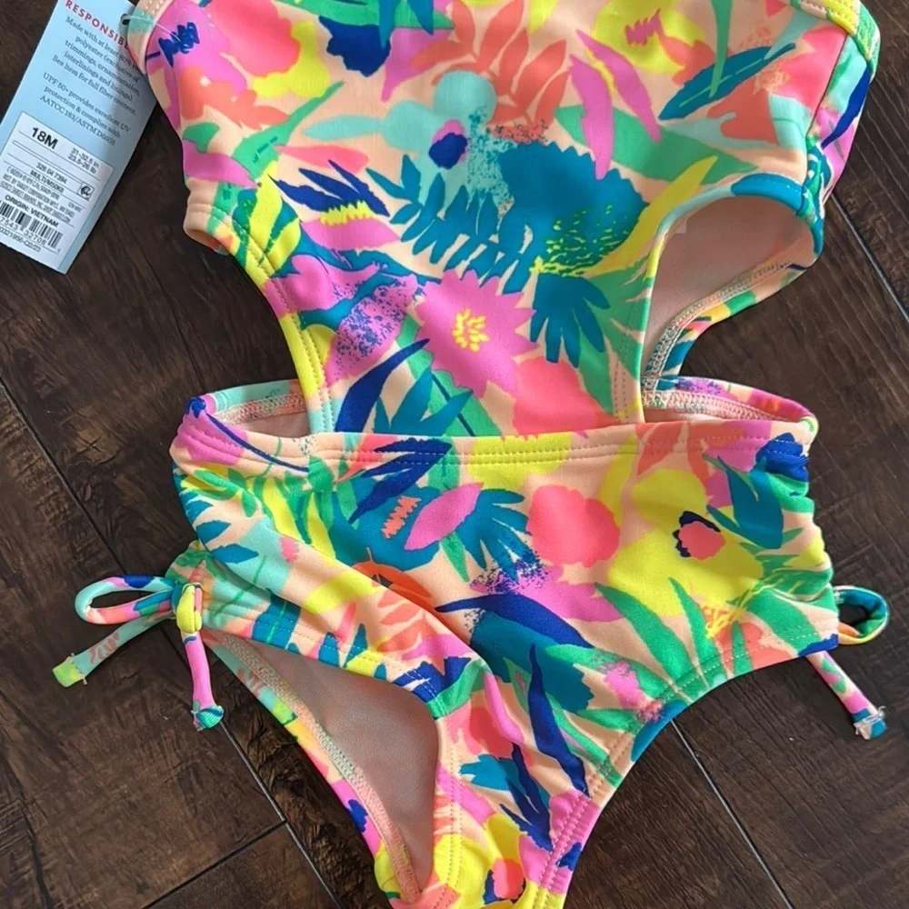 Cat & Jack Yellow and Pink One Piece Swimsuit with Tropical Print